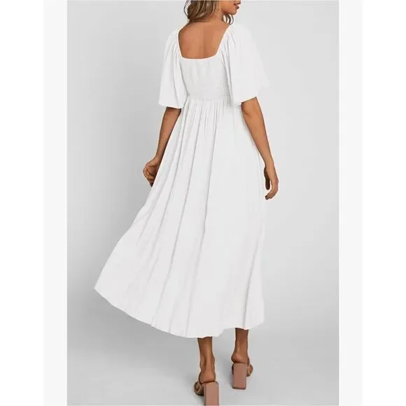 NEW Short Sleeve Bow Tie V Neck Ruffle Midi Flowy Dress L - Picture 2 of 7